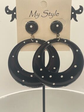 My Style Black Polka Dot Hoop Earrings post style metal 2.25”